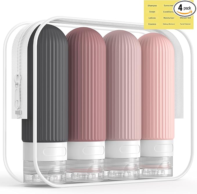 ME.FAN Travel Bottles for Toiletries, TSA Approved 3oz Silicone Journey Size Containers, Portable Split Bottle for Conditioner, Shampoo, Lotion- 4 Pack Pink by MEFAN