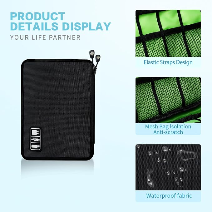 Lcsmaokin Electronics Travel Organizer,Portable Waterproof Electronic Travel Storage Bag for Small Charging Cord Storage,Charger,SD Card etc,for Travel,Business -Black Green - Image 3