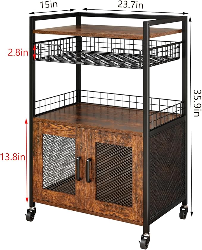 Hencawima Coffee Bar Cabinet, 3 Tier Coffee Station Table on Wheels, 35.9" H Bar Cart with Wire Basket Drawer & 5 Hooks for Home Kitchen, Liquor Buffet Sideboard Cabinet (Rustic Brown) - Image 6