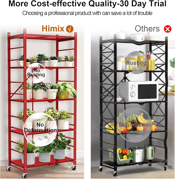 Himix 5-Tier Foldable Storage Shelf 20 Hooks Wheels Garage Red No Assembly | Folding shelving units, Metal collapsible organization, Wire shelves rack, Bookshelf, Christmas Room, Holds 440 Ibs shelf - Image 7