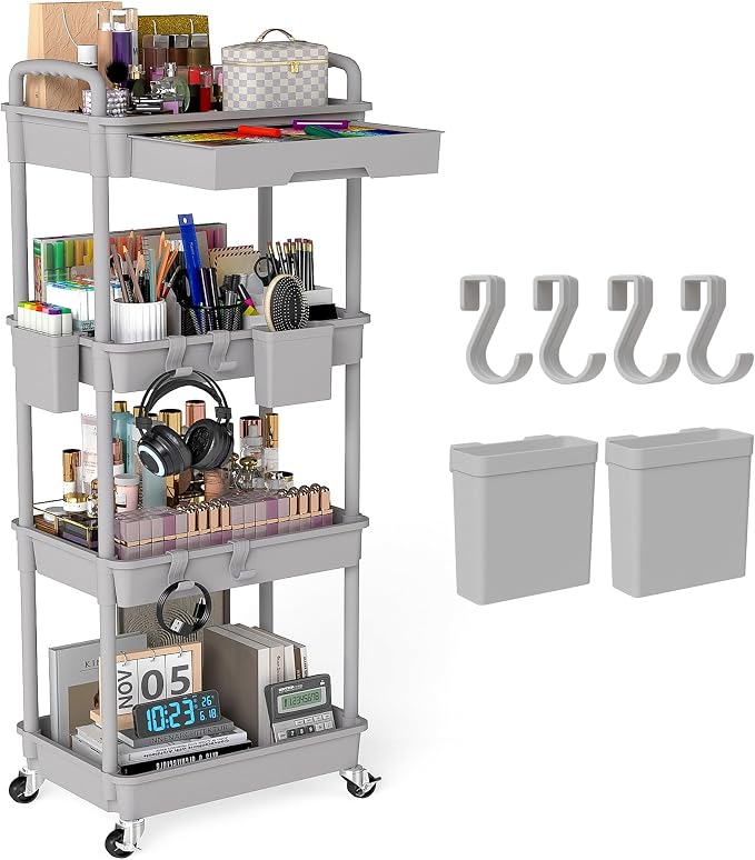 4 Tier Rolling Utility Cart with Drawer, Plastic Storage Organizer Rolling Carts with Wheels Handles Hanging Cups Hooks for Office, Bathroom, Kitchen,Craft Art Room (Grey) by LLMRR