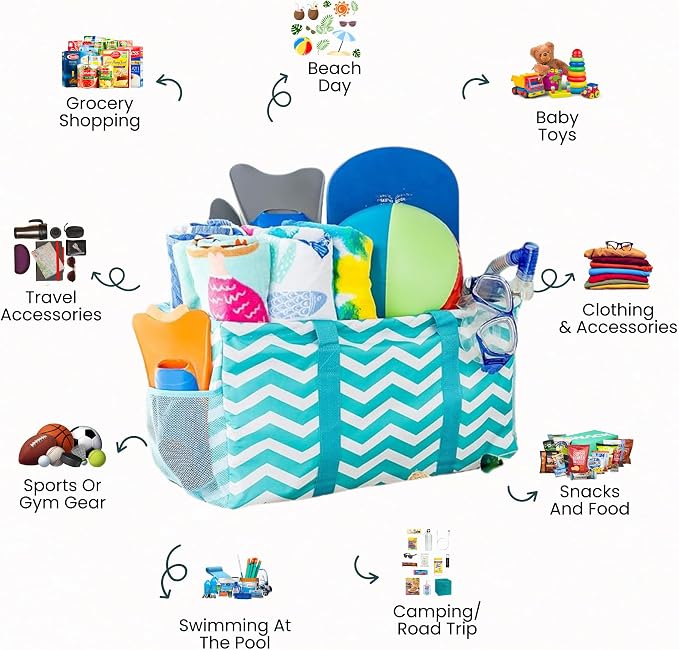 Extra Large Utility Tote Bag - Oversized Collapsible Reusable Wire Frame Rectangular Canvas Basket With Two Exterior Pockets For Beach, Pool, Laundry, Car Trunk, Storage - Chevron Teal - Image 3