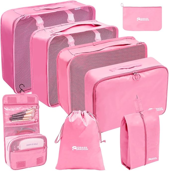 8 Set Packing Cubes for Travel Essentials With Hanging Toiletry Bag for Women, Lightweight Suitcase Organizer Bags with Mackup bag, Carry On Luggage Accessories (Pink) by GRASSBROOK