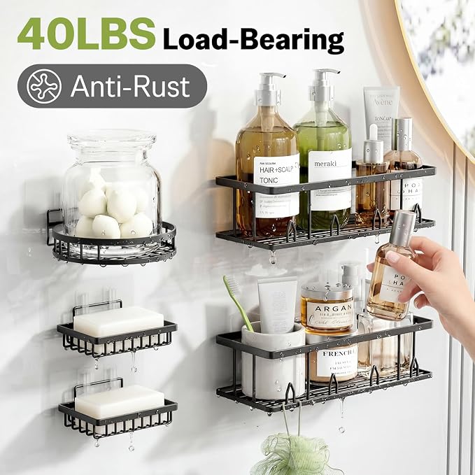 Shower Shelf Corner, 7-Pack Adhesive Shower Caddy, Metal Shower Caddy with Soap Holder, Black Shower Shelves No Drilling Bathroom Caddy for Shower, Home Decor Rv Accessories, Apartment - Image 4