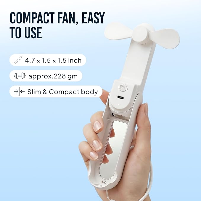 3-in-1 Portable Handheld Fan with Mirror & Flashlight - Mini Personal Fan, 22H Cooling, USB Rechargeable Travel Fan for Women, Makeup, Concerts & Summer (White) - Image 3