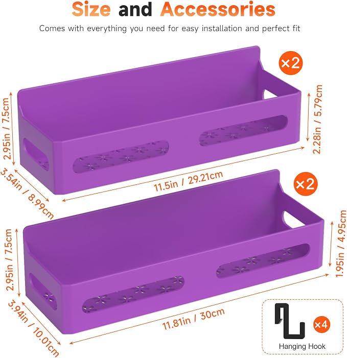 4-Pack Magnetic Spice Rack for Refrigerator with Hooks, Purple | Strong multipurpose magnetic shelf for kitchen & bathroom organization. Includes 4 removable hooks for hanging items. - Image 7