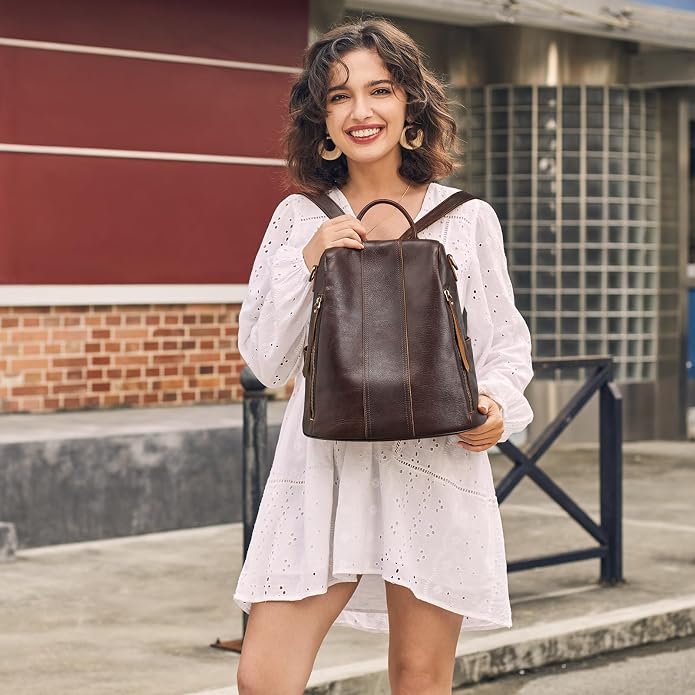 S-ZONE Leather Backpack Purses for Women Antitheft Rucksack Shoulder Bag Medium | Genuine Leather, Medium Fits 9.7-inch Tablet, for Work Travel Daily Commute, Multi Pockets, Adjustable Dual Straps - Image 2