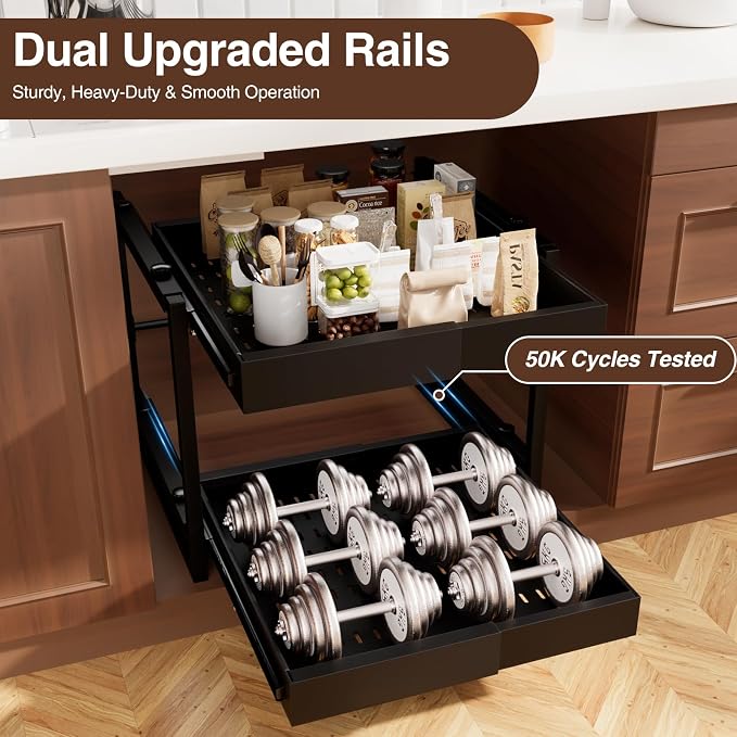 2-Tier Expandable Pull Out Cabinet Organizer, Heavy Duty Adjustable Width Metal Slide Out Shelf, No Screw Cabinet Storage Rack for Kitchen Bathroom 17in Depth Cabinet（Black） - Image 4