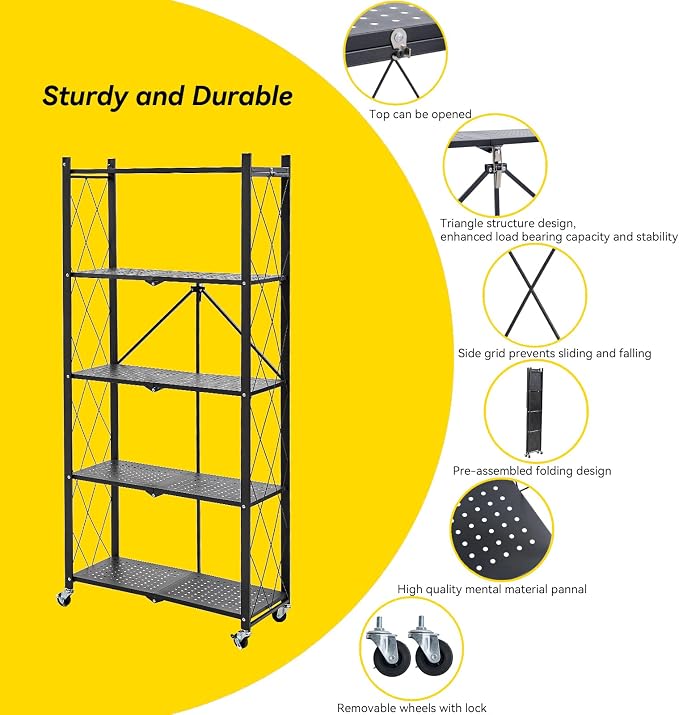 BRIAN & DANY 5-Tier Foldable Storage Shelves with Wheels, Folding Metal Rack Shelving Unit, Heavy Duty No Assembly Organizer Shelf for Garage, Kitchen, Basement, Pantry, Black - Image 6