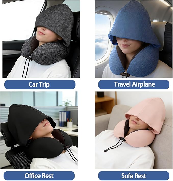 Travel Neck Pillow with Hood Memory Foam for Airplane | Ergonomic Neck Support,Adjustable Drawstring,Light Blocking Design,Removable Cover,Long Flight Comfort,Blue - Image 7
