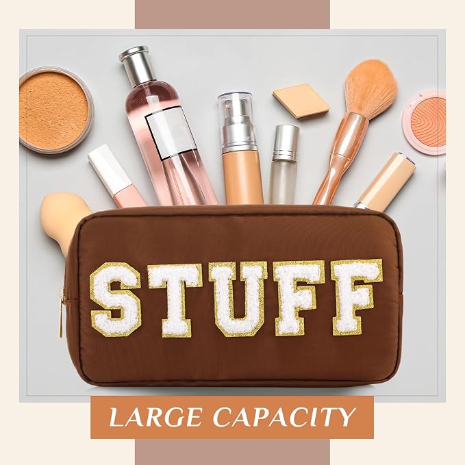 Preppy Makeup Bags Chenille Letter Stuff Bag Nylon Cosmetic Pouch Cases with Zipper for Women Travel Toiletry(Brown Set,Classic,4 Pcs) - Image 6