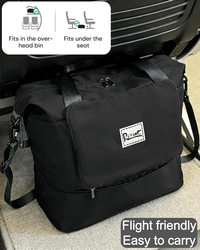 Foldable Travel Duffel Bag for Women, Black | 40L Expandable Water-Resistant Carry on Bag, Personal Item Travel Bag Flight Approved with Wet Pocket for Gym Travel, Nylon - Image 4