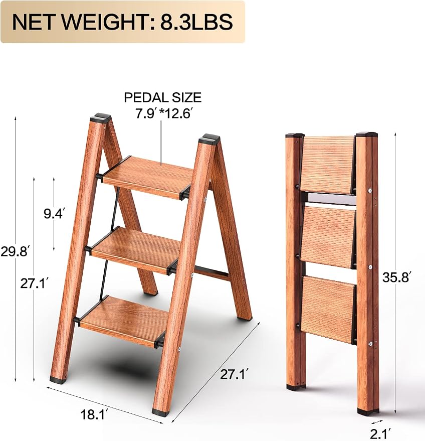 3 Step Ladder, Folding Step Stool with Anti-Slip Wide Pedal | Lightweight, Aluminum Material, 330LBS Load, Portable, Easy Storage, Space Saving, for Kitchen, Bedroom Use, Woodgrain - Image 6