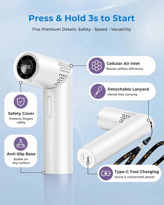 Portable Handheld Fan, Rechargeable, 199 Speeds, LED Display, White | 199-speed handheld fan with LED display, USB-C charging, 3000mAh battery for travel, office, and outdoor use - Image 9