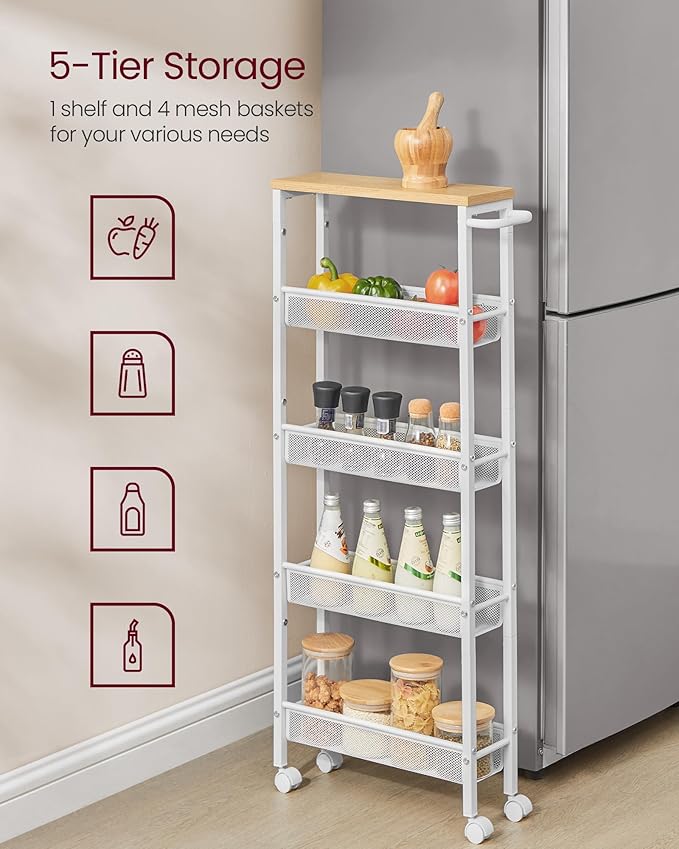 VASAGLE Slim Rolling Cart, 5-Tier Storage Cart, Narrow Cart with Handle, 5.1 Inches Deep, Metal Frame, for Kitchen, Dining Room, Living Room, Home Office, Oak Beige and Classic White ULRC034W09 - Image 4