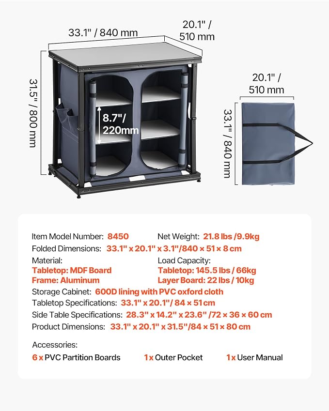 VEVOR Folding Camping Storage Cabinet, Outdoor Portable Aluminum Lightweight Table, Quick Set-up Compact Kitchen Cook Station, with 6 Shelves and Carry Bag, for Picnic, BBQ, Camping, RV Traveling - Image 8