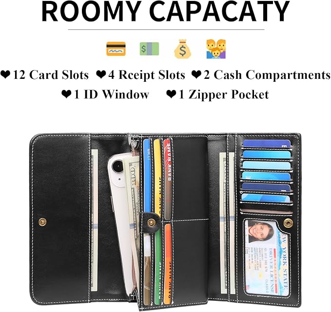 GOIACII Leather Wallets for Women RFID Blocking Western Clutch Black | Embossed Design, Trifold, Large Billfolds, Vintage Flower, Ladies Purses with Zipper Coin Pocket - Image 2