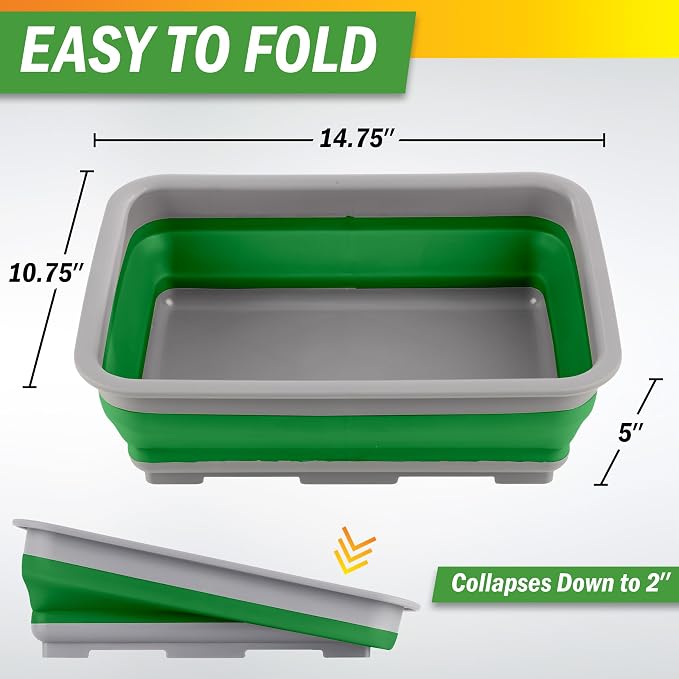 Collapsible Bucket for Cleaning 2-Pack - 7.27L Foldable Wash Bin Dish Tubs - Collapsible Wash Basin or Camping Sink Set for Beach, Tailgating or Soaking Laundry - Cleaning Supplies by Wakeman (Green) - Image 2