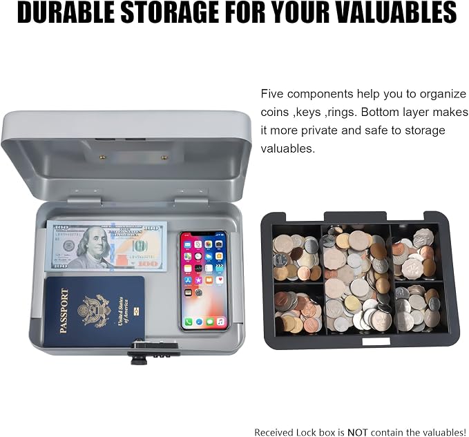 KYODOLED Large Cash Box with Combination Lock,Safe Metal Box for Money, Storage Lock Box with Money Tray,9.84"x 7"x 3.54" Lightgrey Large - Image 4