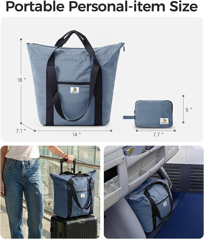 Foldable Travel Bag, 26L Lightweight Weekender Duffel, Expandable Second Carry-On Bag for Travel & Shopping, Water-Resistant Personal Item Bag, Mist Blue - Image 3