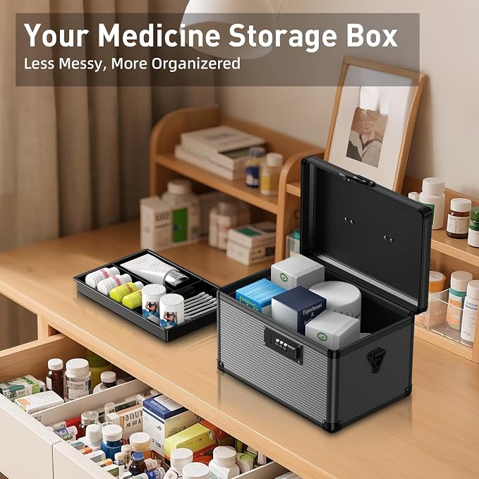 Medicine Lock Box with Code, Medication Lock Box with Removable Tray & Pocket Bag, Portable First Aid Box for Home&Travel, 12 * 7.7 * 7.9 Inch (Black) - Image 7