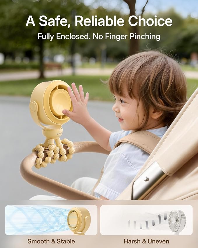 SWEETFULL Portable Stroller Fan, Pinch-Proof Baby Fan - Yellow | Wide Turbine Airflow; Safe Design; LED Display; 5-Speed; 30dB Quiet; USB-C Rechargeable; Mini Clip On Fan for Car Seat & Bed - Image 2