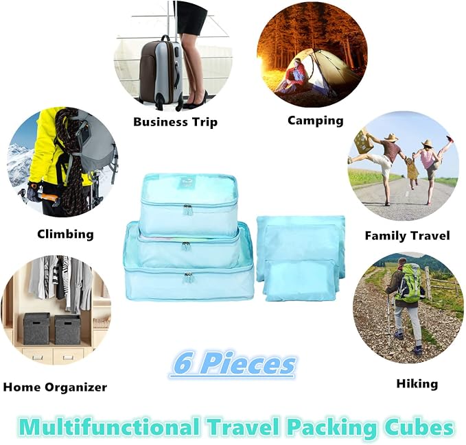 6 PCS Travel Luggage Organizer Bags, Packing Cubes Compression, Storage Bags Organizers, Laundry Pouches for Backpack Suitcases Clothes Underwear (Light Blue) - Image 6