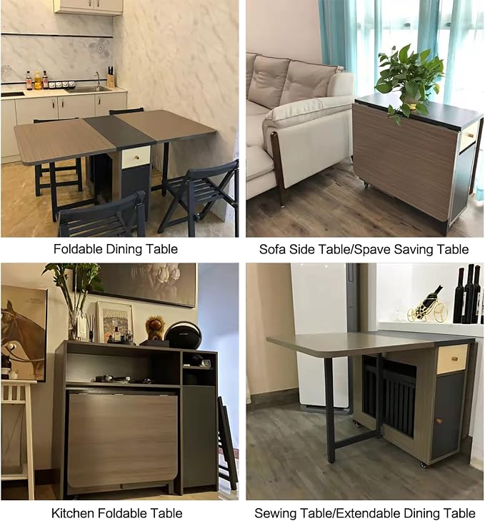 Drop Leaf Folding Dining Table with Storage, 2 Drawers, Grey | 3 Foldable Forms, Space Saving, Movable on Casters, for Kitchen Dining Living Room, Extendable, Versatile - Image 8
