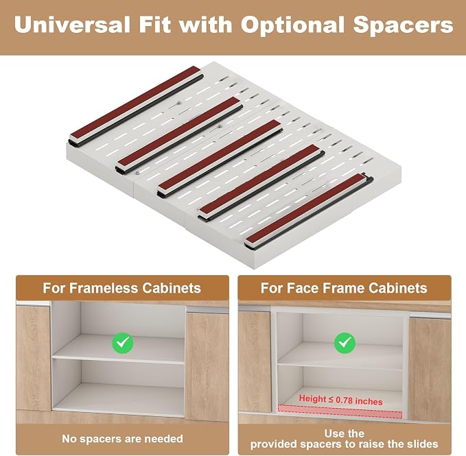 Fokyfok Pull Out Cabinet Organizer,23"-31"W,17"-24"D,Expandable,Adhesive | No Drill,5 Rails,Roll out Drawers,Adjustable Slide out Shelves for Kitchen,Pantry,Framed and Framless Cabinets,White,1PC - Image 7