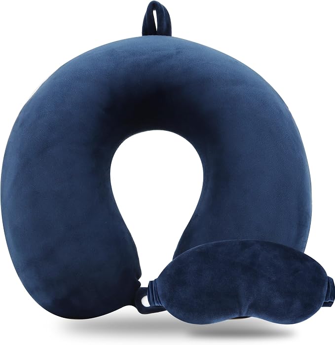 Pure Memory Foam Travel Pillow Set for Adults - Comfortable & Removable Machine Washable Cover, Neck Support Pillow Airplane Travel Kit with Eye Mask for Portable Plane Accessories -Dark Blue by Sexysamba