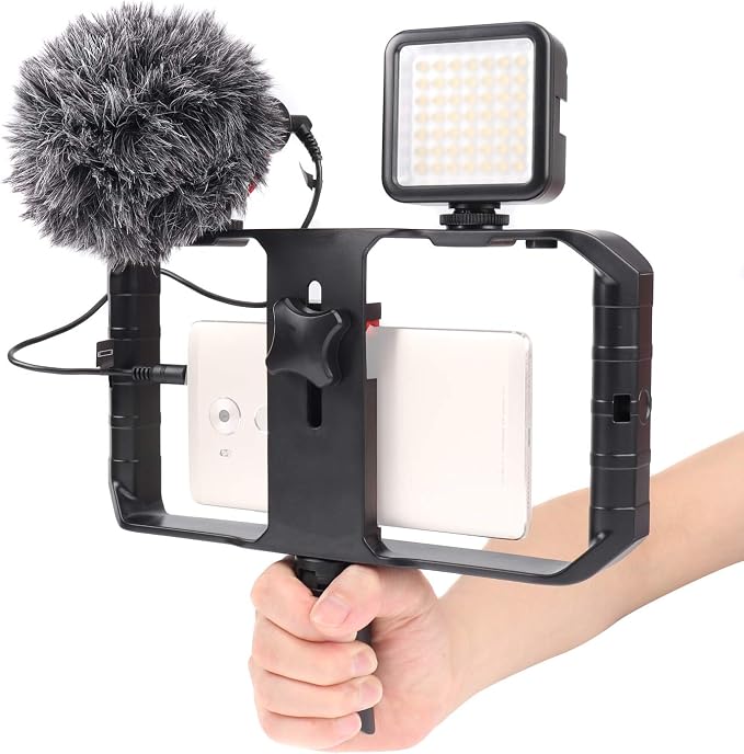 FocusFoto PRO U-Rig Smartphone Video Camera Cage Mount Holder Stabilizer Handle Grip with BOYA by-MM1 Microphone Mic+ 49 LED Light+ Mini Tripod Kit for Mobile Phone iPhone Filmmaking Videomaker - Image 4