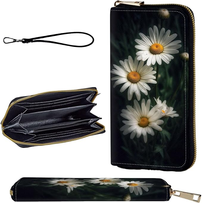 Wallet,Leather Long Wallet Suitable For Ladies And Teenagers - Detachable Wristband + RFID Travel Wallet With Card Slot - White and Yellow Daisy Flowers by Unknown