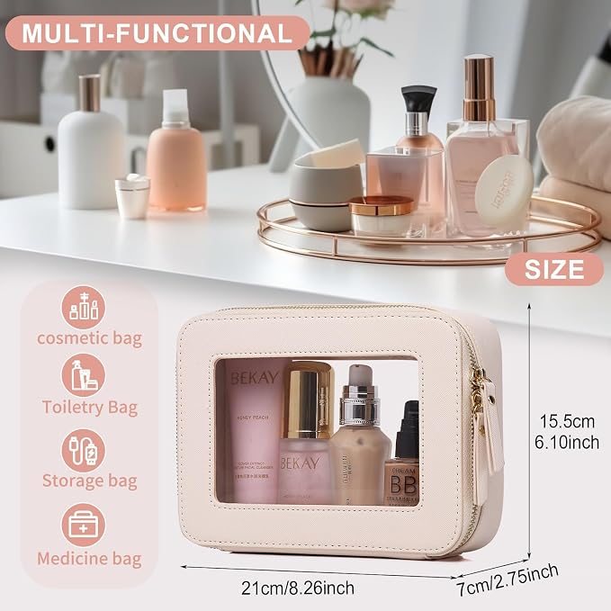 Pinkmik Clear Makeup Bag, (Beige, M) | Waterproof, Travel Cosmetics and Toiletries Case, Portable Makeup Organizer, Clear Car Bag with Zipper - Image 3
