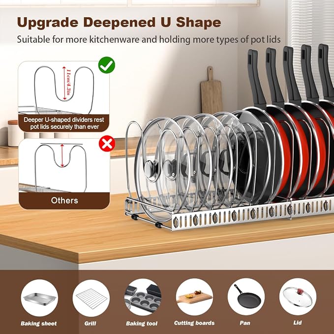 Housolution Pot and Pan Lid Organizer Holder Storage Rack, Silver | 12"-23" Expandable, 14 Adjustable Dividers, Sturdy Stainless Steel Construction, Easy Assembly - Image 2