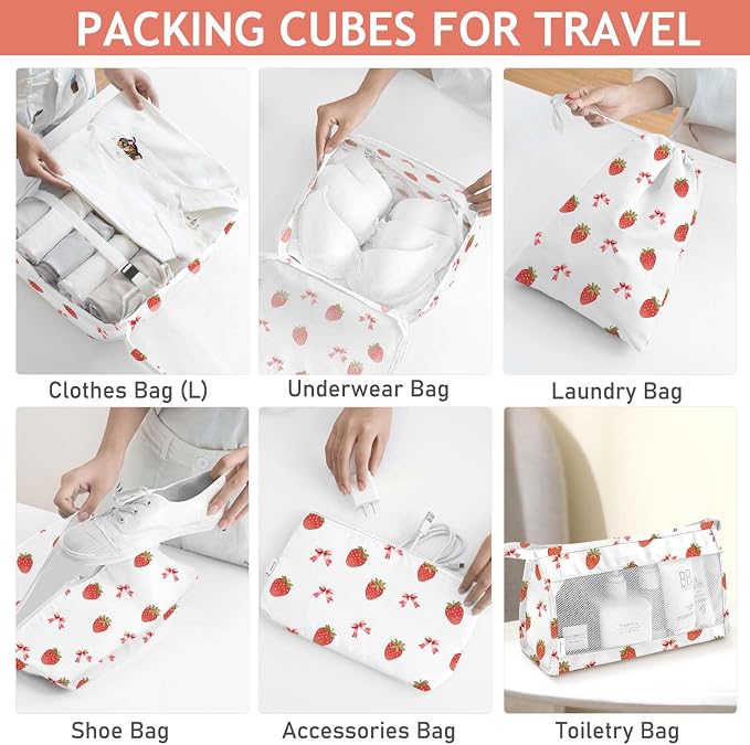 KPX 8 Set Packing Cubes for Travel, Luggage Packing Organizers Accessories Large Toiletries Bag for Clothes Shoes Cosmetics (Strawberry+Butterfly) - Image 4