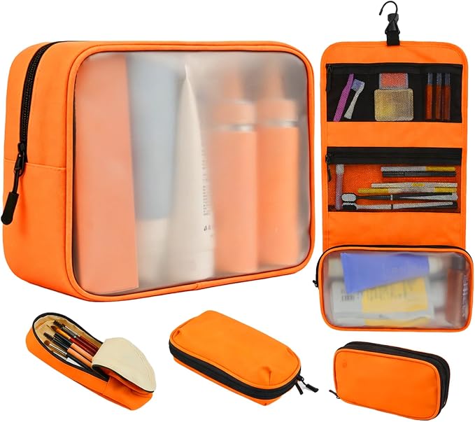 5-Piece Travel Toiletry Bag for Women, Organize Toiletries & Cosmetics | Personal Travel Essentials, with Hanging Toiletry Bag, Clear Cosmetic Bag, Makeup Bag, Jewelry Case & Cable Pouch- Orange by Idcymoul
