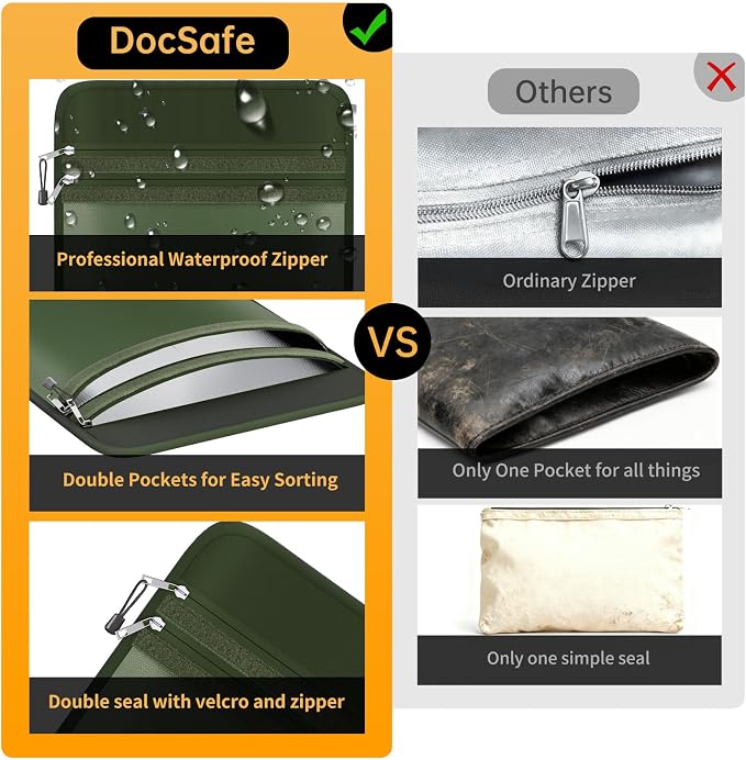 DocSafe Fireproof Document Bag (5200℉) with Fireproof Organizer Travel Case,Heat Insulated Fire＆Water Resistant 8 Layers Safe Money Bag Storage for Important Documents,Cash,Power Bank,Valuables,Green - Image 7