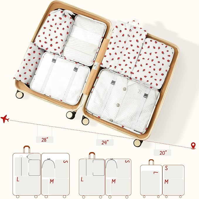 9 Set Packing Cubes for Travel Essentials - Lightweight Carry-On Luggage Organizer Bags with Shoe, Clothes & Laundry Bags for Airplane, Family & Business Travel, Beige strawberry - Image 3