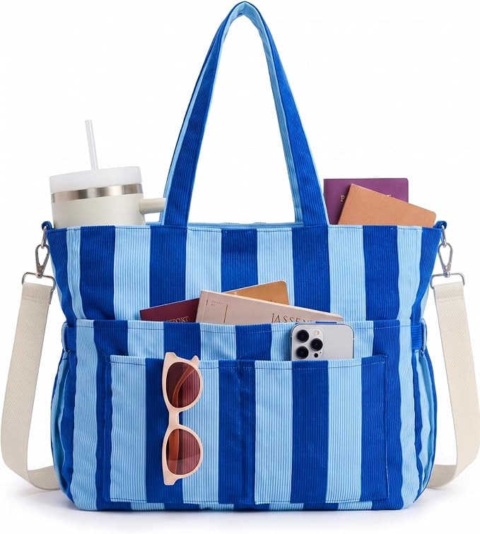 Kacctyen Striped Beach Tote Bag for Women Large Beach Foldable Tote Bag with Zipper Pockets for Travel Pool by Kacctyen