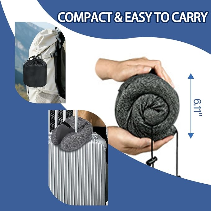 Travel Neck Pillow with Hood Memory Foam for Airplane | Ergonomic Neck Support,Adjustable Drawstring,Light Blocking Design,Removable Cover,Long Flight Comfort,Blue - Image 5