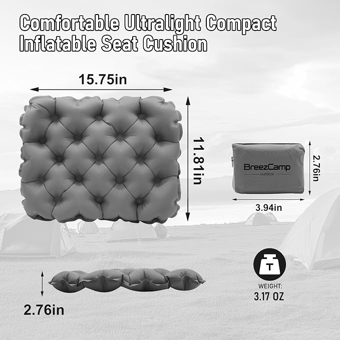 Inflatable Seat Cushion, Lightweight Stadium Seat Pad, Travel Air seat Cushion Anti-Slip for Airplane, Long Flights, Hiking, Climbing, Home and Camping, Compact Air Cushion,Gray - Image 3