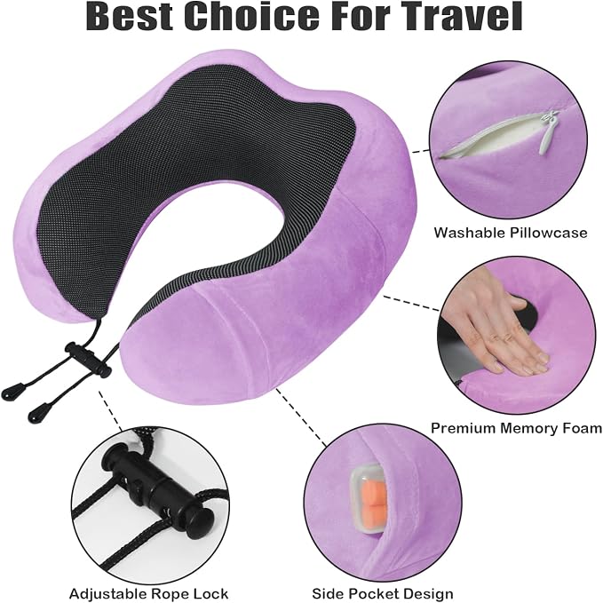 Travel Pillow, Memory Foam Neck Pillow for Traveling, U Shape Neck Pillow Airplane Portable Flight Pillow Travel Kit with 5D Contoured Eye Masks and Earplug for Plane Train Car Home Office - Image 4