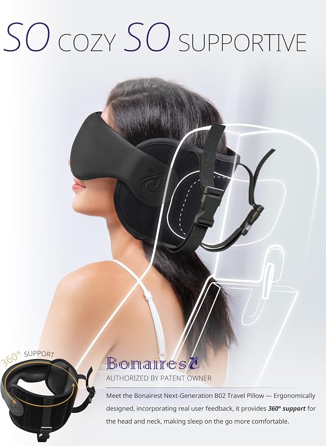 Travel Pillow, Airplane Neck Pillow with 3D Eye Mask for Sleeping | Round Edge Plane Head Strap 360°Headrest Support for Long Flight, Stop Bobblehead, Travel Essential for Car Road Trip Black - Image 2