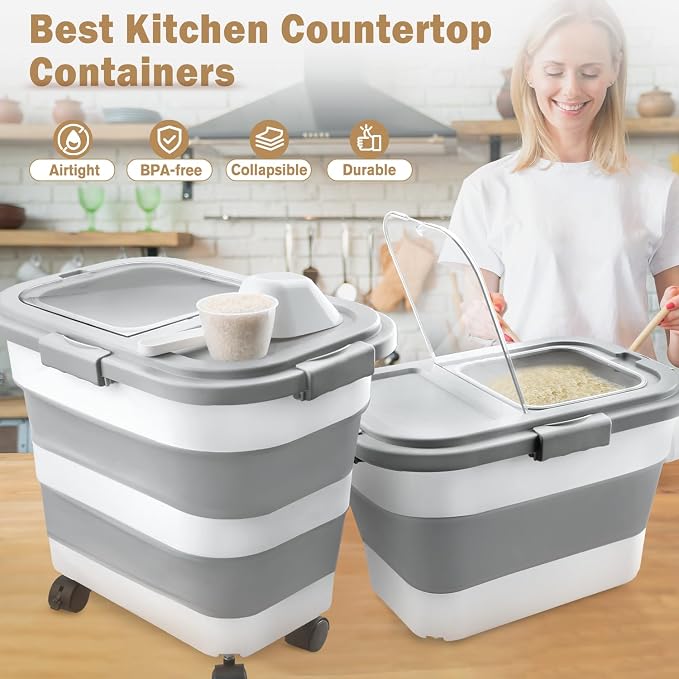 Rice Storage Container, Collapsible Airtight 10-40 Lb Rice Storage Container, 25lb Pet Dog Food Storage Container, Rice Dispenser Bin with Cup and Scoop for Flour Cereal Pasta Grain, Cat Bird - Image 4