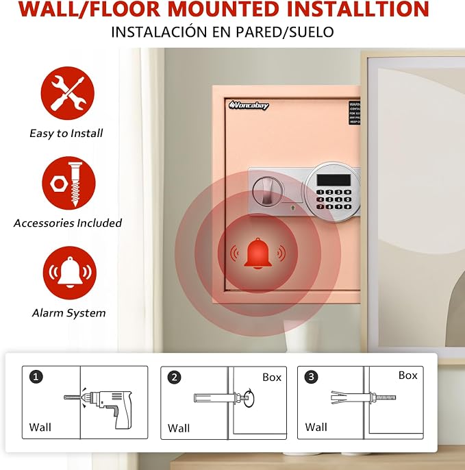 Voncabay Money Safe Box for Home with Digital Keypad, 1.5 Cu. Ft., Khaki | Alloy Steel, 2 Fireproof Bags, Digital Keypad with Display, Removable Shelf, Alarm System, 14 x 13 x 13 In. - Image 3