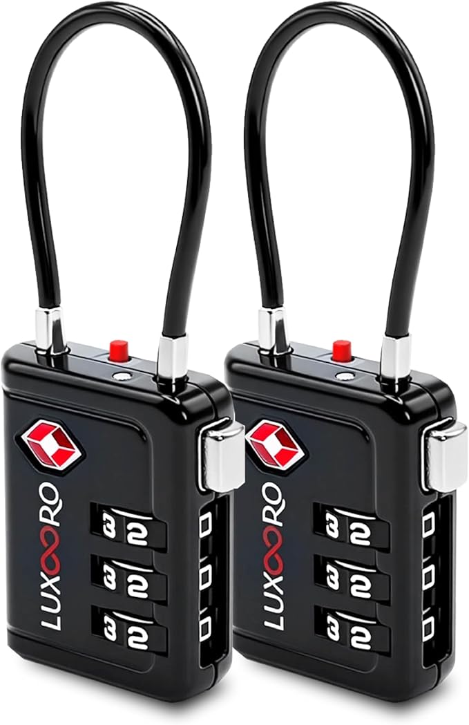 TSA Approved Luggage Lock with Alert Indicator, 3-Digit Resettable Combination, Durable Zinc Alloy Travel Lock for Suitcase, Backpack, Toolbox, Locker, All-Propose, keyless – Black (2 Pack) by LUXOORO