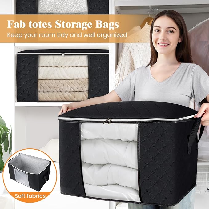 90L Clothes Storage, Foldable Thick Fabric Blanket Storage Bags | Foldable Containers with Zippers,Window and Handles for Organizing Bedroom, Closet, Comforter, Bedding,Dorm essentials - Image 5