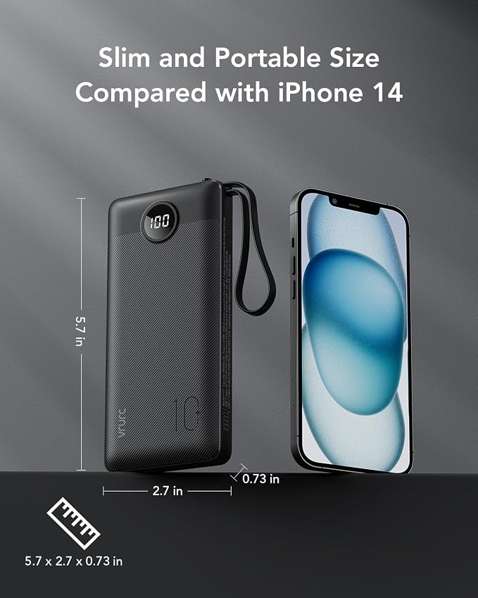 VRURC Portable Charger, 20W PD Fast Charging Power Bank Built in 4 Cables | 10000mAh Compact Portable Phone Charger, 5 Outpputs USB C Battery Pack for iPhone, Samsung & Multi Devices-Black(1 Pack) - Image 3