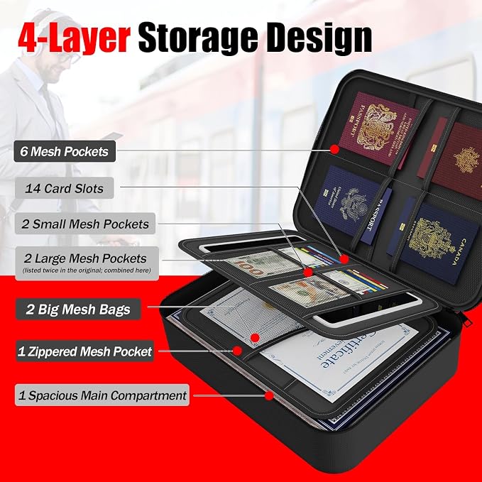 Fireproof Document Box with Lock,File Safe Bag for Home,Multi-Layer Important Document Organizer,Office Paper Storage File Folder Box for Laptop Certificates Passport,Portable Waterproof - Image 2