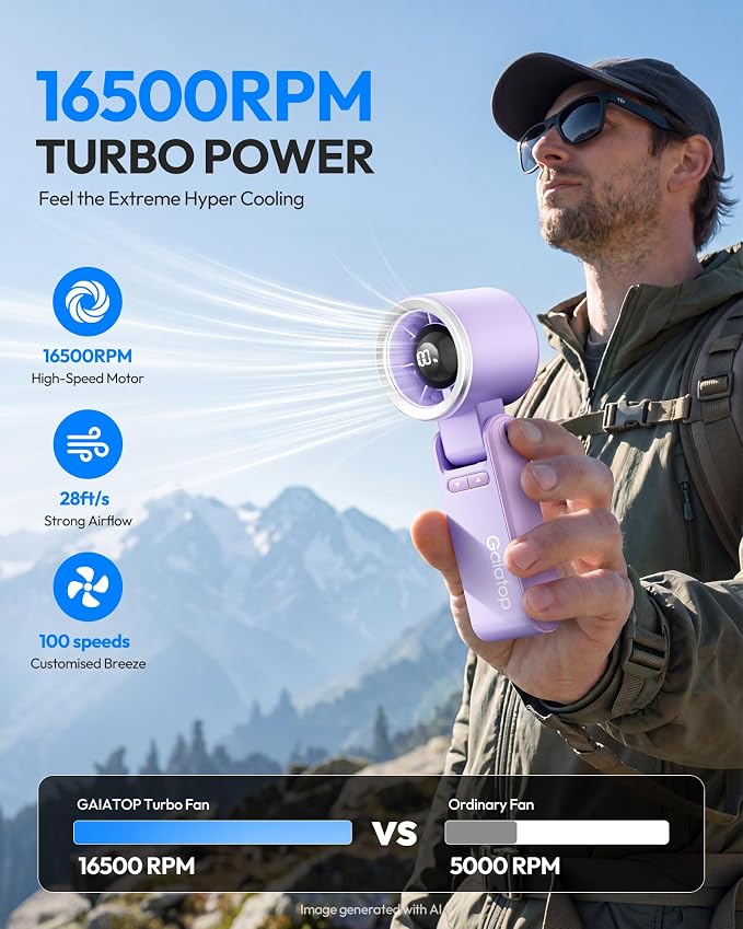 Gaiatop Portable Handheld Turbo Fan, 15 Hrs Cooling, 180° Foldable 4-in-1 Hand Held Fans, 6-Speed (1-100) Personal Mini Handheld Fans, Small Portable Fan for Travel Working Outdoor, Women Gifts Purple - Image 4